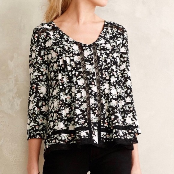Anthropologie Tops - Anthropologie Eyelet Embroidered Pintuck Pleated Black Floral Peasant Top Size 0